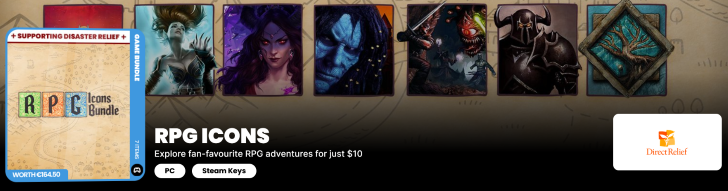 RPG Icons Bundle banner featuring classic dark fantasy character portraits. Text reads: Explore fan-favourite RPG adventures for just $10. Supports Direct Relief charity.